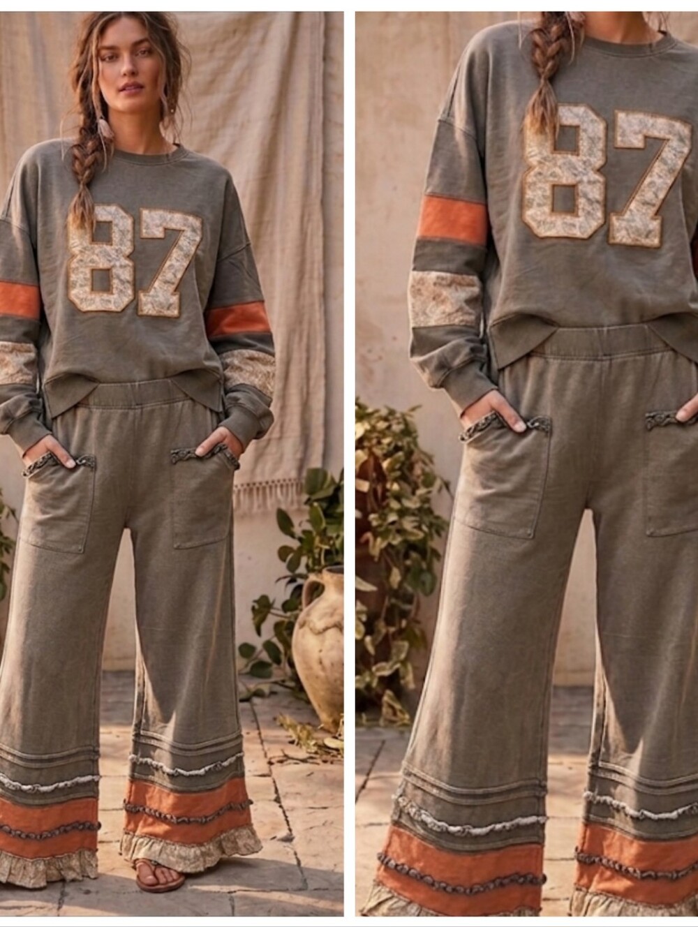 easel Ash Wide-Leg Sweatpants Ruffle & Top with Rust & Cream Accents - Picture 9 of 9